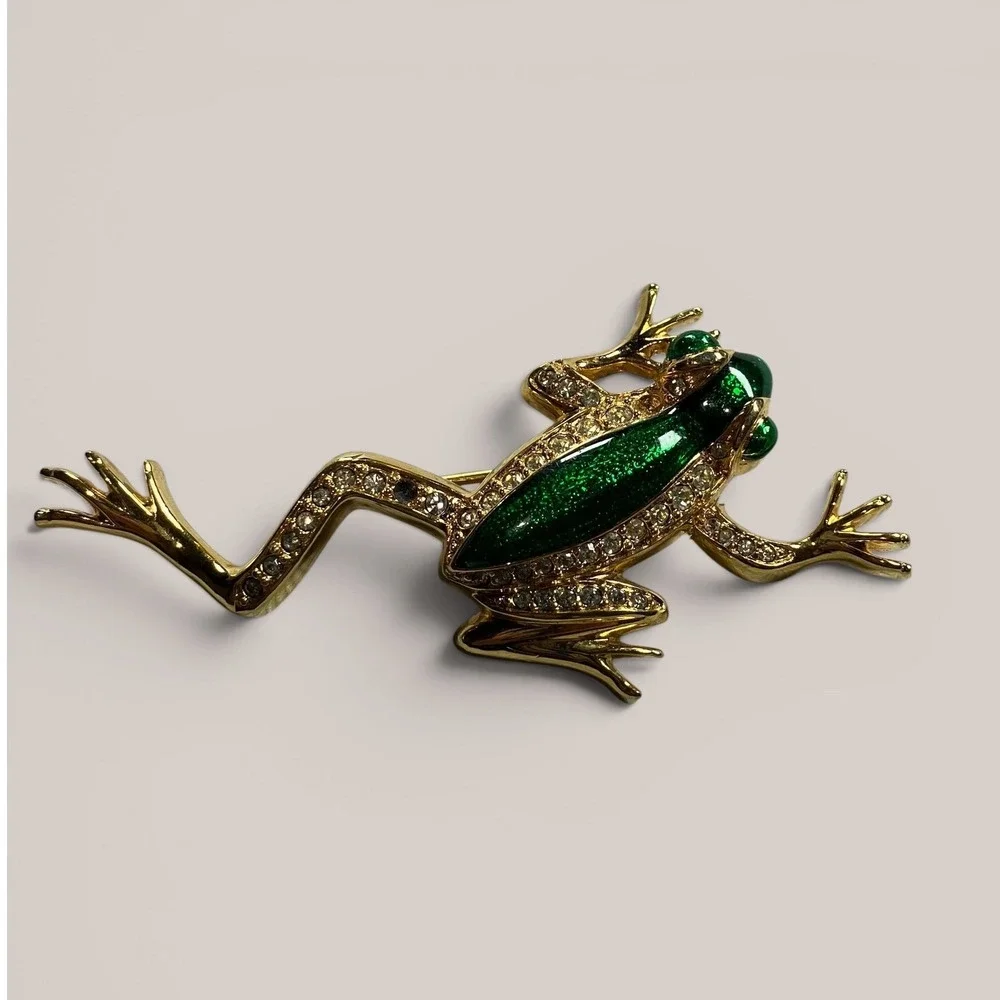Vintage Frog Brooch Green Enamel Rhinestone Gold Tone Frog Pin Figural‎ Jewelry